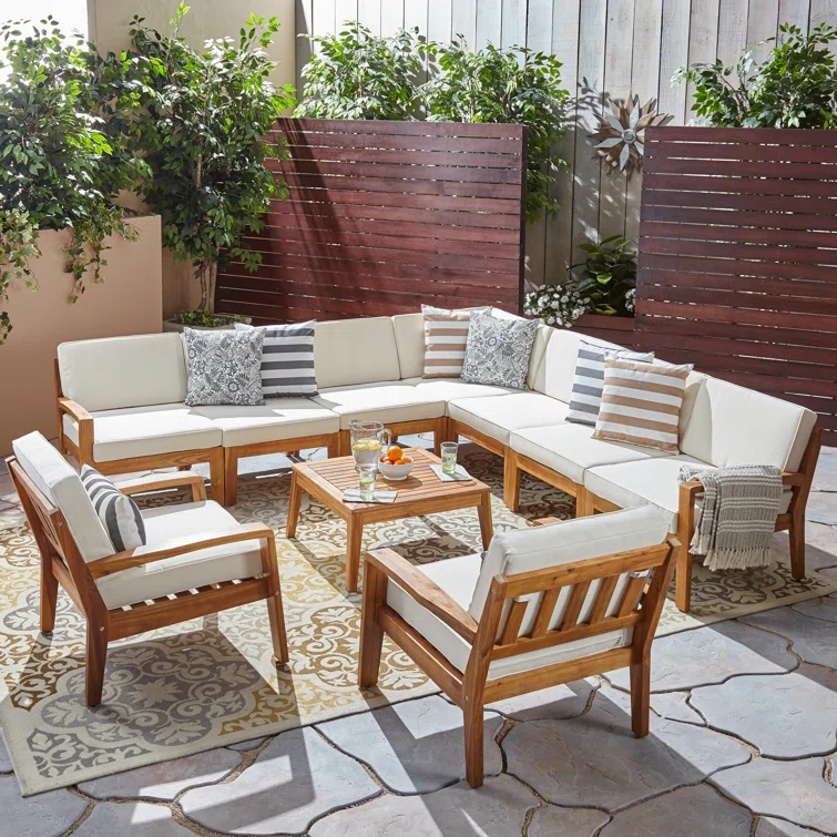 AllModern Pazel Acacia 8 - Person Modular Patio Conversation Sets with Cushions
