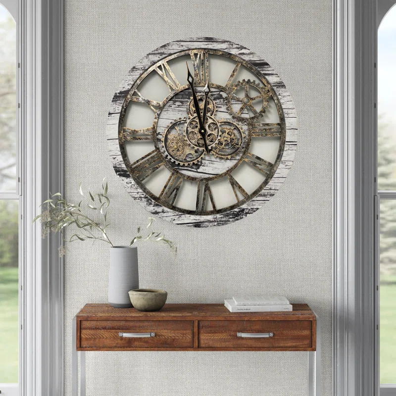 Wall Clock 24" Round Oversized for Living Room decor with Real Moving Gears America Collection