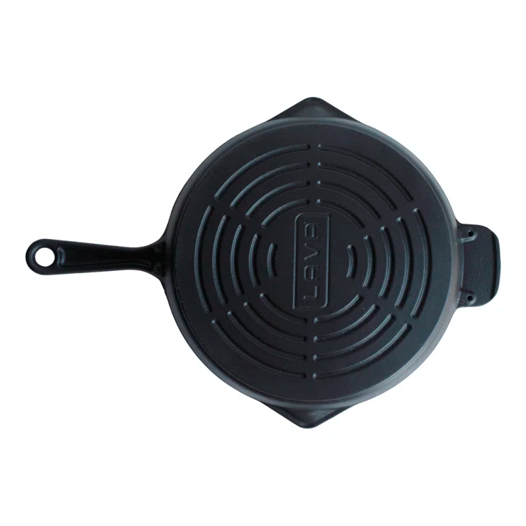 LAVA CAST IRON Lava Enameled Cast Iron Grill Pan 11 inch-Radial Pattern Pan with Pour Spouts Round Black