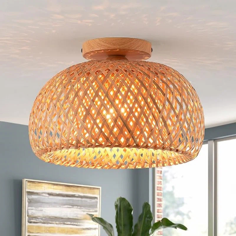 Bay Isle Home™ Bamboo Ceiling Light Fixtures, Hand-Woven Boho Flush Mount Ceiling Light, Handmade Ceiling Mount With Natural Bamboo Shade, Farmhouse Light Fixture