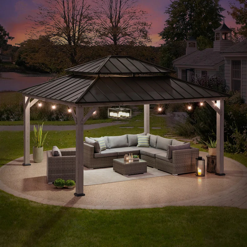 Sunjoy Sunjoy 13 x 15 ft. Wood Gazebo, Outdoor Patio Steel Hardtop Gazebo, Cedar Framed Wooden Gazebo with 2-Tier Metal Roof, Suitable for Patios, Lawn and Backyard