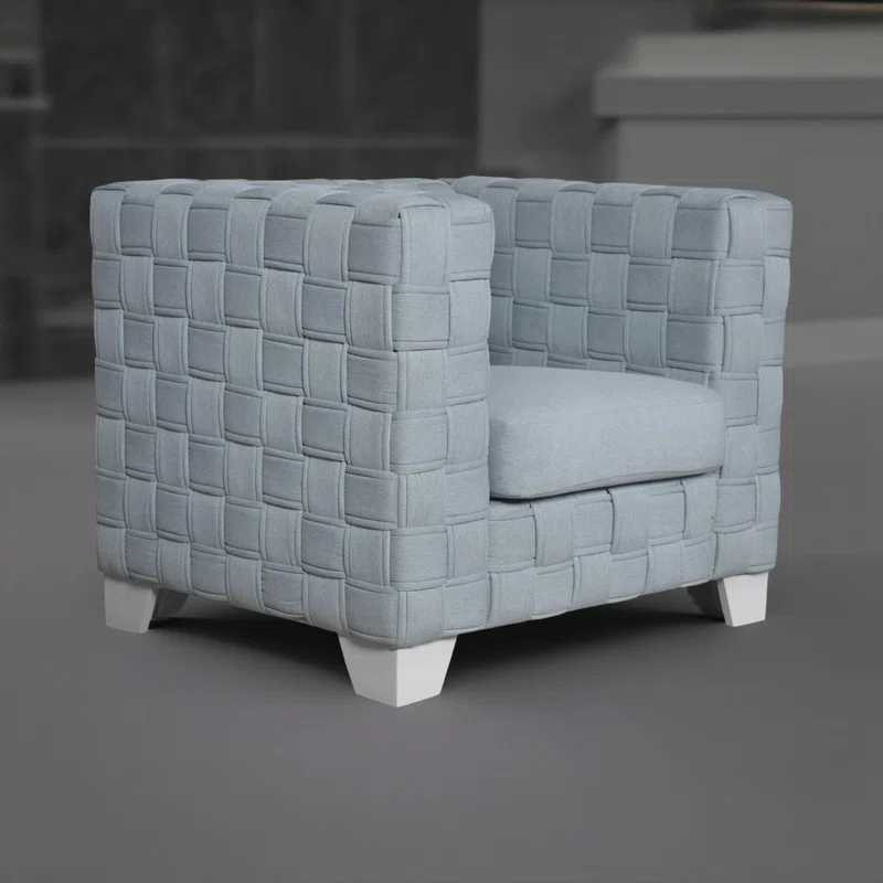 Benjara Reah Accent Chair, Knitted Light Blue Chenille, White Composite Wood