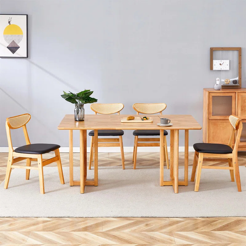 Corrigan Studio® Walshaw Table And Chair Set, Ancient Style Solid Wood Dining Table, Imitation Rattan Table Legs, Beautiful Simple Solid Wood Dining Chair, Perfect For Dinner, Meetings, Home And Office Decoration
