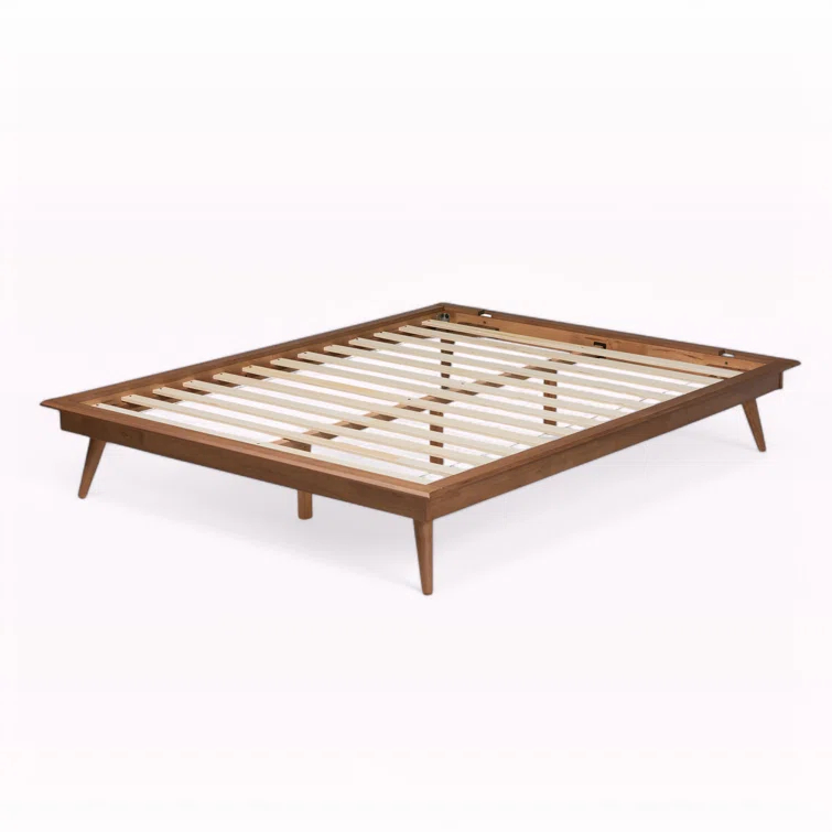George Oliver Brayden Platform Bed with Walnut Brown Finish in Mid-Century Modern Style