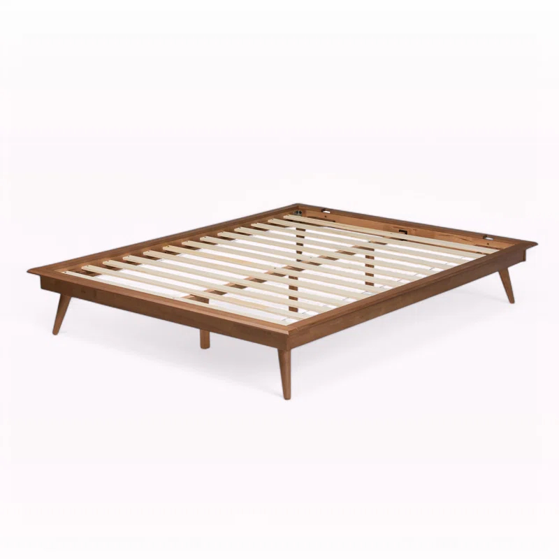 George Oliver Brayden Platform Bed with Walnut Brown Finish in Mid-Century Modern Style