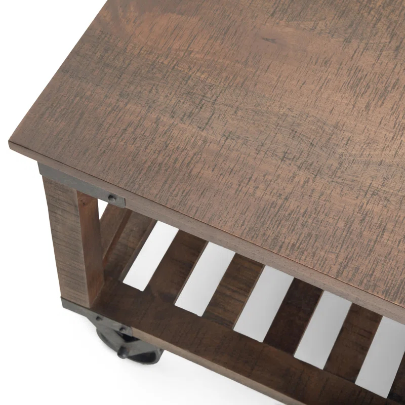 Simpli Home Harding 32"W Solid Mango Wood Industrial Square Coffee Table with Metal Accents, Open Shelf, and Iron Wheels