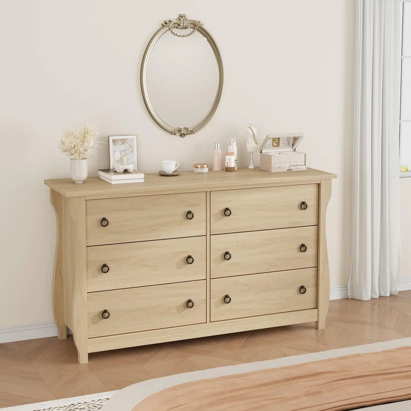 Breakwater Bay 6-Drawer Dresser - Tall Boho Dresser With Curved Legs, Rattan Accents, And Freestanding Storage For Living Room