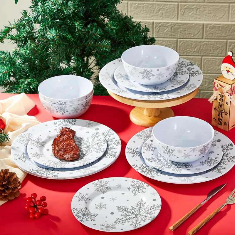 The Holiday Aisle® 12 Pcs Christmas Snowflake Melamine Dinnerware Set Plates And Bowls Set Include  Dinner Plates Plates Soup Bowl,Service For 4 For Christmas Winter Party Supplies