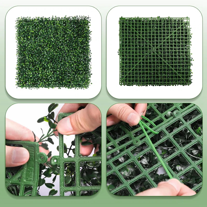 Tianqi Artificial Boxwood Plant Hedge, Green Grass Backdrop, Indoor and Outdoor Use (Set of 12)