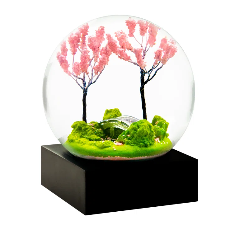 Spring Cherry Blossom Glass Snow Globe with Black Base