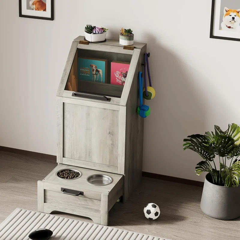 gaomon Dog Feeding Station with Storage Cabinet, 2 Elevated Dog Bowls, Filp Top Dog Food Storage Cabinet Container