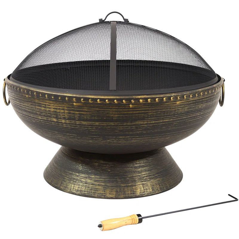 SunnyDaze Decor 30" Wood-Burning Black Finish Steel Fire Pit Bowl with Screen, Grate, and Poker