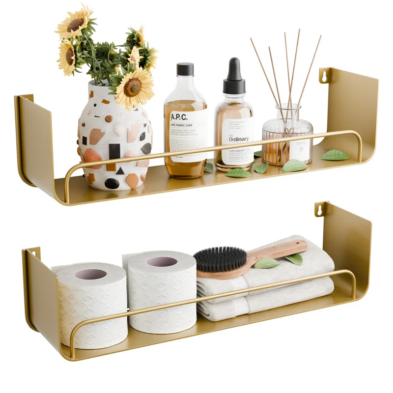 Mercer41 16 Inch Gold Floating Shelves Set Of 2, Modern Iron Bathroom Shelves With Guardrail, U-shaped Wall Mounted Shelf For Home Decor & Organizer, Display Shelf For Bathroom,kitchen,bedroom&any Room