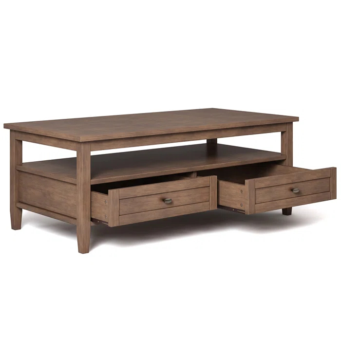 Simpli Home Warm Shaker 48"W Solid Wood Coffee Table with Two Storage Drawers and Open Shelf
