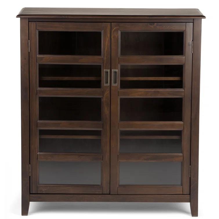 Simpli Home Burlington 40"W Solid Wood 4-Shelf Medium Storage Cabinet with Tempered Glass Doors and Adjustable Shelves