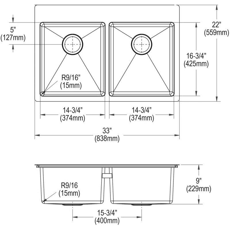Elkay ECTSR33229BG5 Crosstown Stainless Steel 33" L x 22" W Double Basin Dual Mount Kitchen Sink