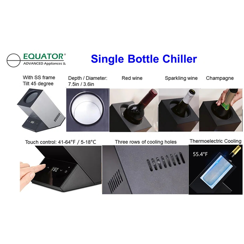 Equator Advanced Appliances Equator 110V/12V Portable Electric Wine Chiller for Red, White, Champagne, and Water Bottles, 750mL Single Bottle Cooler, Stainless Body, Rechargeable, 24h Cold, Ideal for Parties & Gifts