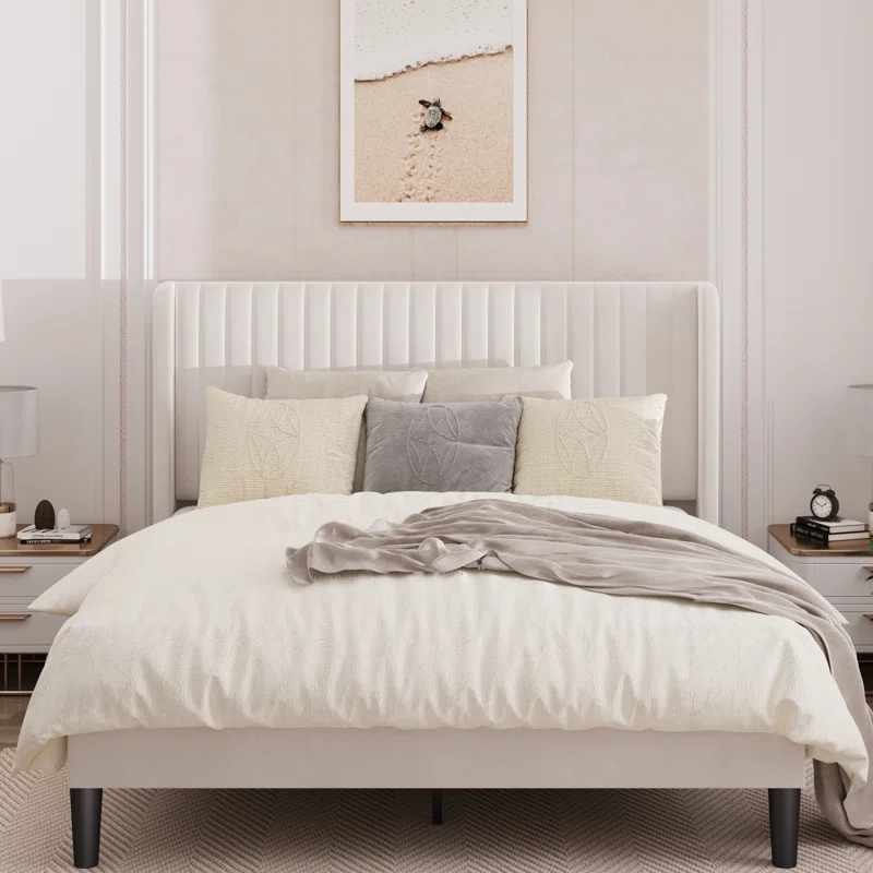 Candler Velvet Upholstered Platform Bed with Wingback Headboard and Wooden Slats