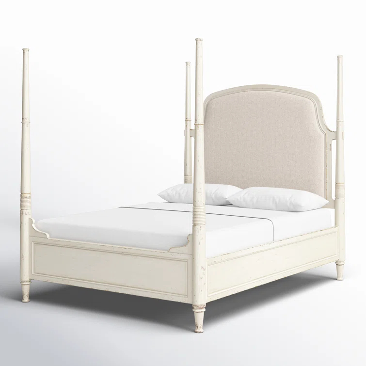 Beige Queen Upholstered Poster Bed with Wood Frame