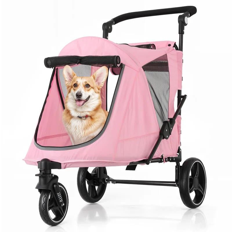 MoNiBloom Folding 3 Wheel Pet Stroller, Foldable Dog Jogger Stroller with Adjustable Handlebar and Mesh Window