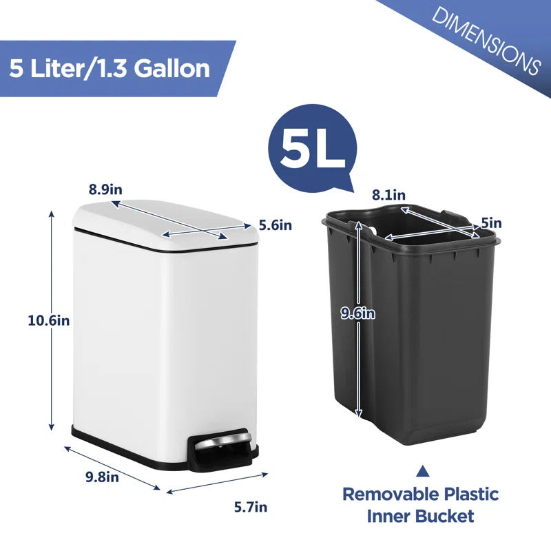FDW Bathroom Trash Can With A Lid 1.3 Gallon  (5 L) Small Trash Bin Step Pedal Garbage Can With Removable Bucket Slim For Small Spaces For Bathroom,Bedroom,Kitchen,Office