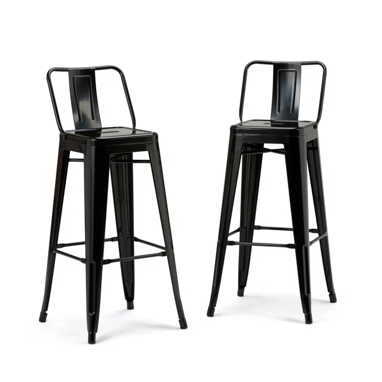 Simpli Home Rayne Metal Industrial Stool with Curved Back, Cross-Brace, and Footrest