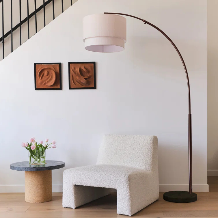 Mason 81 in. Modern Adjustable LED Arched Standing Floor Lamp with Fabric Drum Shade and Weighted Marble Base
