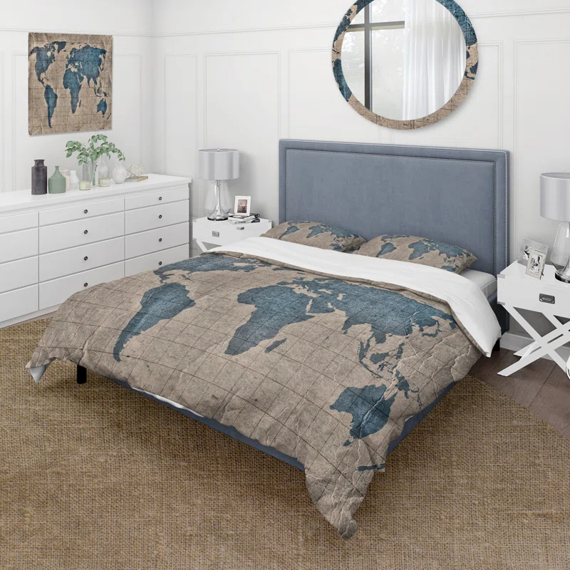 Ancient Map of The World I - Rustic Duvet Cover Set - Microfiber Polyester