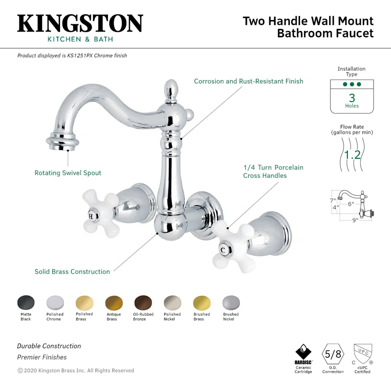 Kingston Brass KS1253PX Kingston Brass Heritage Two-Handle 3-Hole Wall Mount Bathroom Faucet