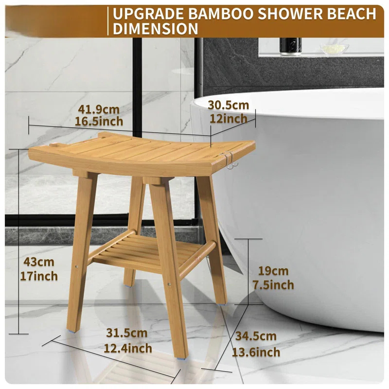 Red Barrel Studio® Bamboo Shower Bench Stool, Shower Chair For Inside Shower With 2-Tier Storage Shelf, Waterproof Shower Seat For Shaving Legs, Spa Bathroom Shower Bench