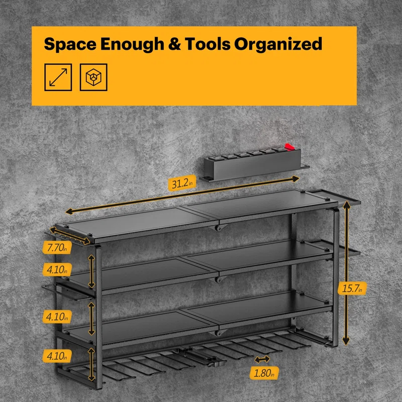 UNIVERSAL WINDOW SOLUTIONS Power Tool Organizer With Charging Station, 8 Drill Holder Wall Mount, 4 Layer Storage Rack For Garage Storage, Heavy Duty Utility Racks, Tool Battery Shelf With 6 Outlet Power Strip
