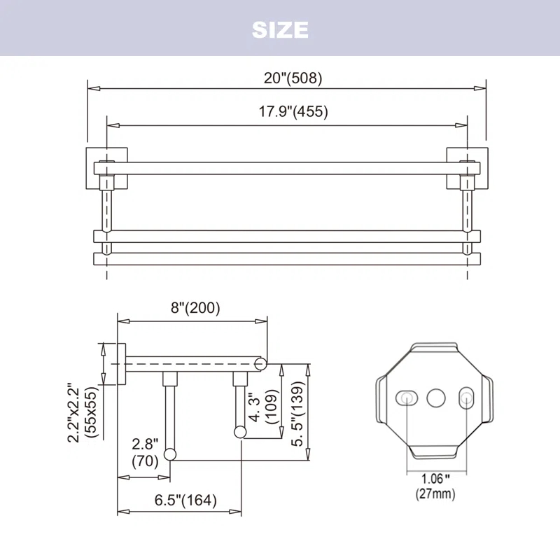 ARCORA AR5150101B-20 2-Tier Wall Mounted Stainless Steel Bathroom Towel Rack With 2 Towel Bars Square Rods
