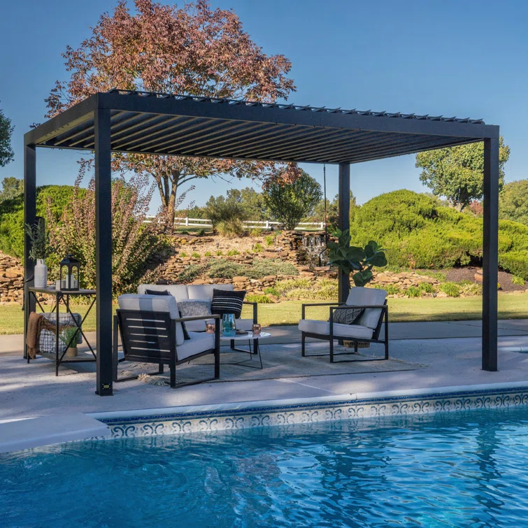 Backyard Discovery Backyard Discovery Sarasota 14' x 10' Galvanized Steel Outdoor Louvered Pergola Kit with Adjustable Steel Roof and PowerPort