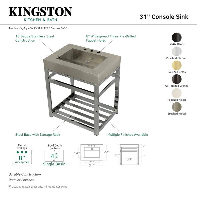 Kingston Brass Kingston Brass Kingston Commercial 31-Inch Stainless Steel Console Sink with Steel Base (8-Inch, 3-Hole)