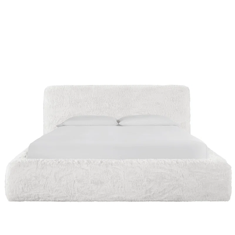 Queen White Upholstered Bed with Plush Headboard