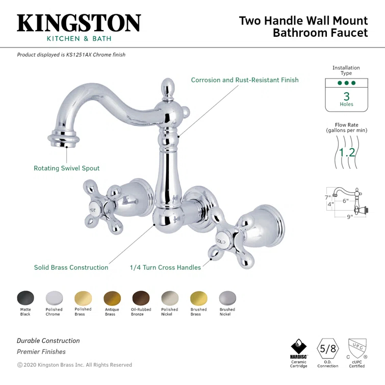 Kingston Brass Kingston Brass Heritage Two-Handle 3-Hole Wall Mount Bathroom Faucet KS1252AX