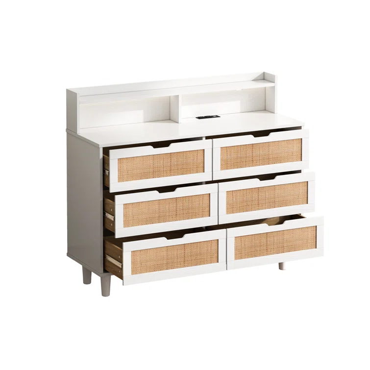 Latitude Run® 6-Drawer Dresser w/LED Lights and Power Outlet,Rattan Storage Cabinet,Living Room Organizer