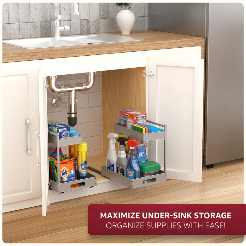 Sorbus Sorbus Under Sink Organizer with Sliding Tracks and Adhesive Tape - 2-Tier Pull-Out Storage Rack for Kitchen and Bathroom - No Drill Under Sink Organization Storage Cabinet Shelf, Set of 2