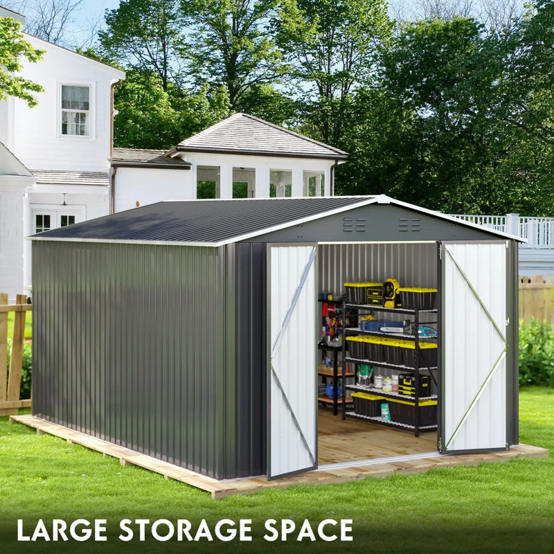 10 ft. W x 14 ft. D Outdoor Metal Shed Storage with Updated Frame Structure and Lockable Doors