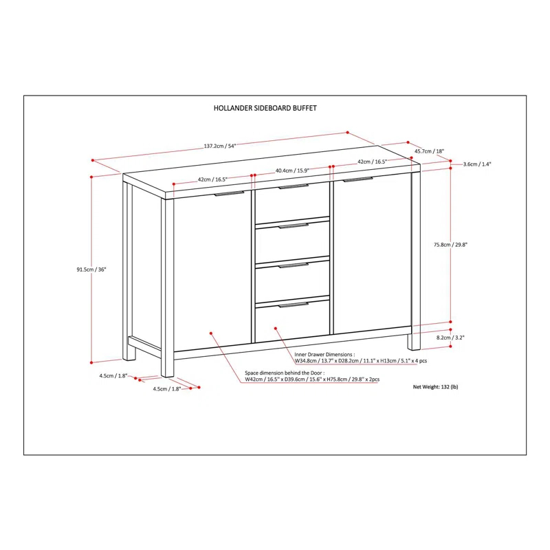 Simpli Home Hollander 54'' SOLID WOOD Sideboard Buffet