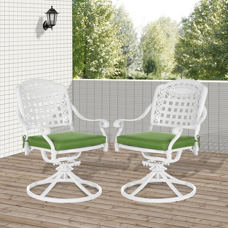 VIVIJASON Vivijason Patio Swivel Dining Chairs Set Of 2, All Weather Cast Aluminum Outdoor Dining Rocker Chairs, Patio Furniture Chair Set With Cushion For Balcony, Lawn, Garden, Backyard, White/green Cushion