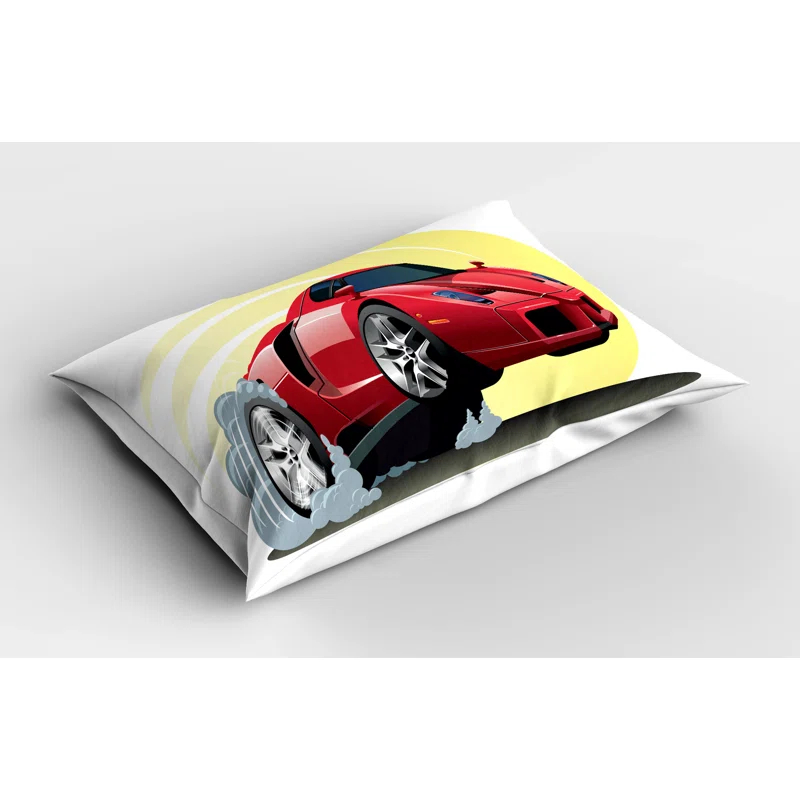 Ambesonne Cars Pillow Sham 2 Pack Cartoon Vehicle Powerful Red Yellow Grey