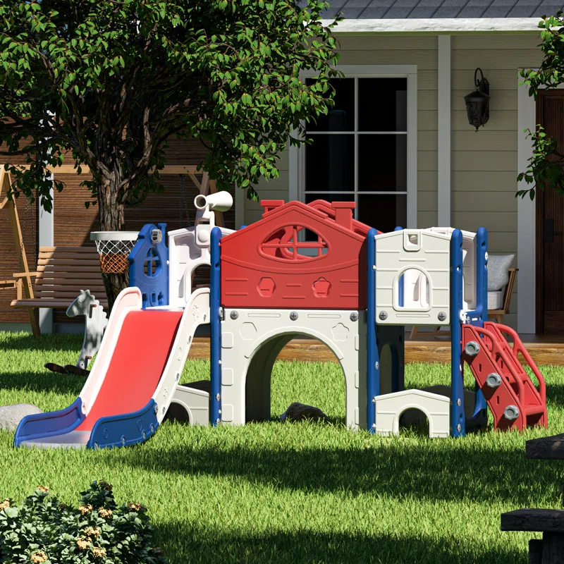 ningbolubikejiyouxiangongsi Kids Slide Playset With Climber, Toddlers Freestanding Castle With Basketball, Storage Area, Tunnel For Indoors And Outdoors, Gift For Children