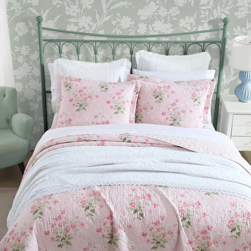 Laura Ashley Laura Ashley Veronicas Bouquet Cotton Reversible Pink Quilt Set