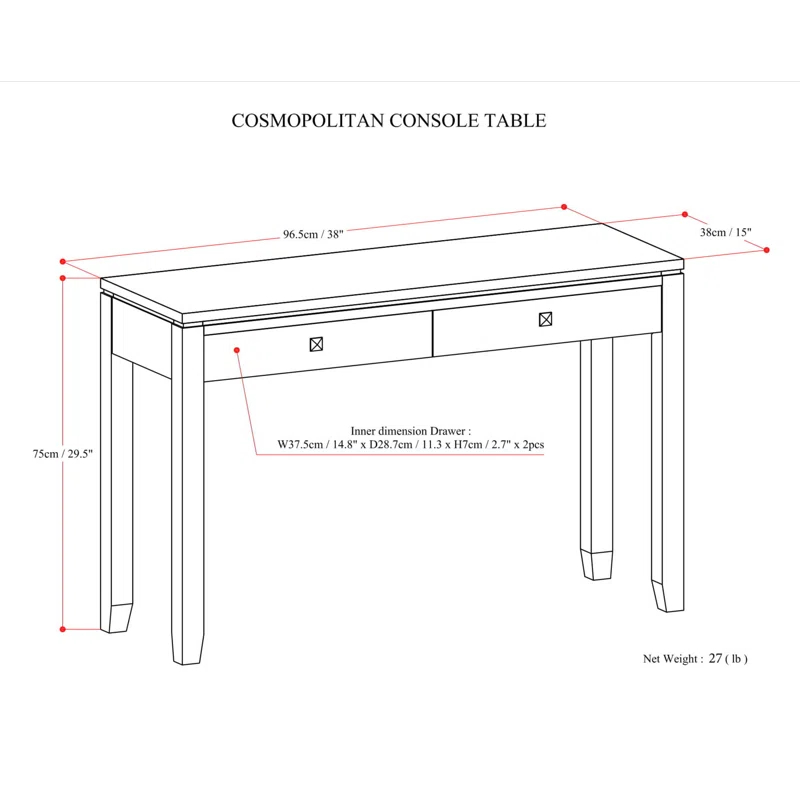 Simpli Home Cosmopolitan 38"W Solid Wood Storage Console Table with 2 Drawers