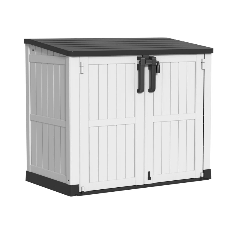 Emperic Design Resin Tool Shed, 36 Cu Ft Waterproof Outdoor Horizontal Storage, Weather-resistant Utility Shed With Air Vent For Trash And Lockable Doors, Garden Tools （black And White）
