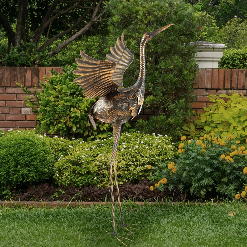 Red Barrel Studio® Flying Crane Garden Statue - 35-Inch-Tall Metal Yard Art Crane Statues for Outdoor Decor - Yard Crane Garden Sculptures & Statues - Lawn Ornaments for Patio, Pond, or Backyard by Pure Garden