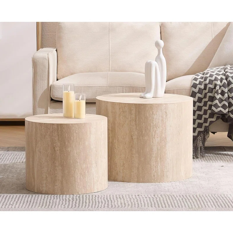 Latitude Run® Set of 2 Modern Round Wood Nesting Coffee Table Circle Travertine End Side Table Sets