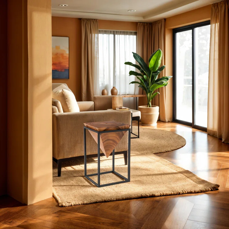 Natural Wood and Black Metal Inverted Pyramid Side Table