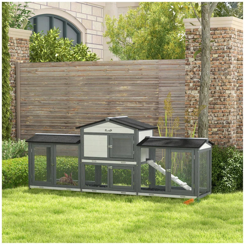 One Allium Way® 90.5" Wooden Rabbit Hutch Bunny Cage Pet Playpen House Enclosure with Double Side Run Boxes, No Leak Tray, Ramp, for Guinea Pig and Small Animals
